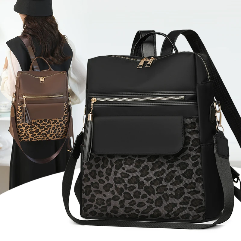 

Women's Nylon Leopard Print Patchwork Multi-Purpose Backpack, Single Shoulder Tote, Large Capacity, Available in Three Colors, Stylish Commuter Bag