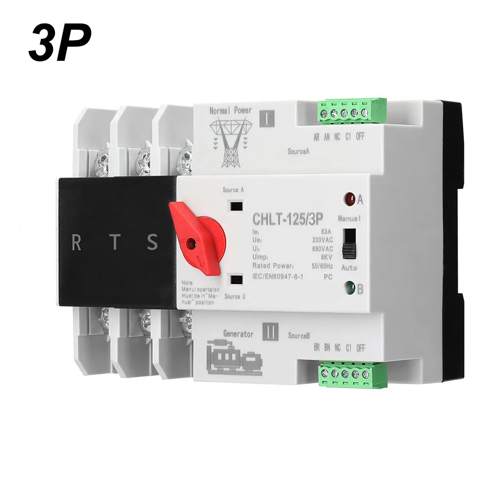 2P/3P/4P 63A Din Rail Dual Power Automatic Transfer Switch Selector Switches Auto/Manual Switching Circuit Breakers