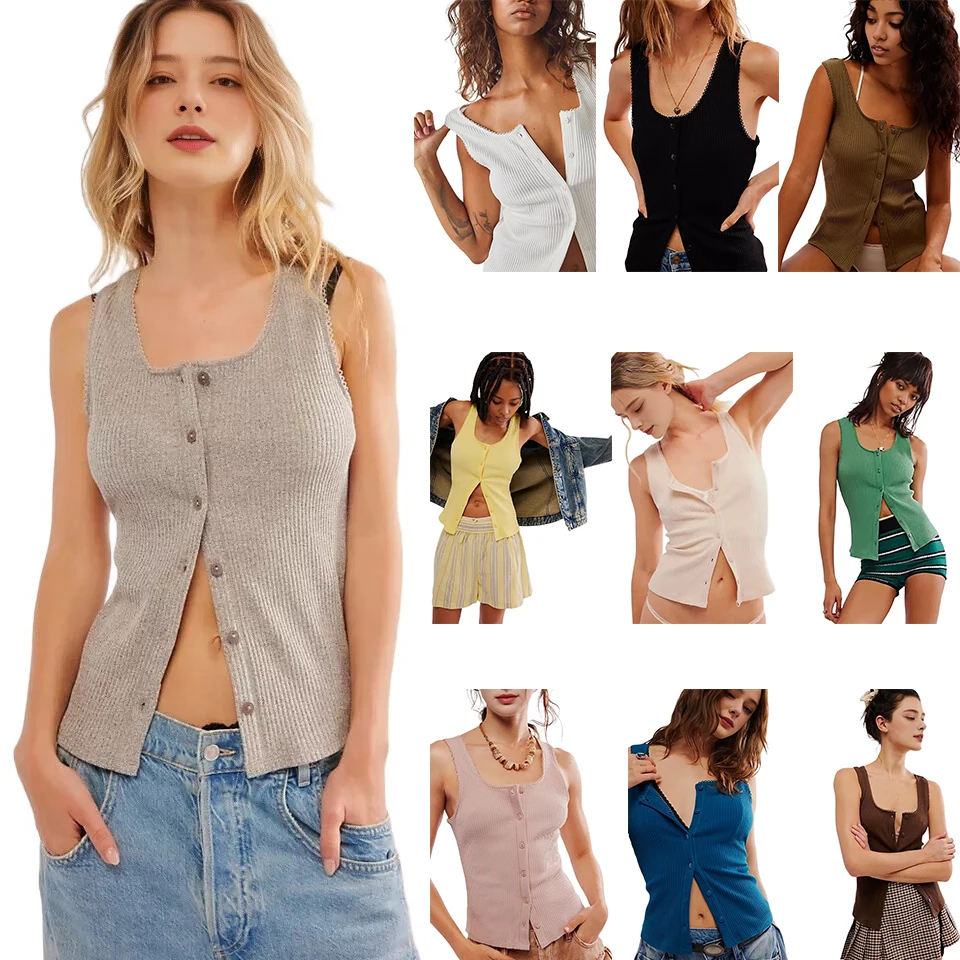 

Sturdy Women Ribbed Tank Tops Sleeveless Button Down Camisole Summer Scoop Neck Cropped Top