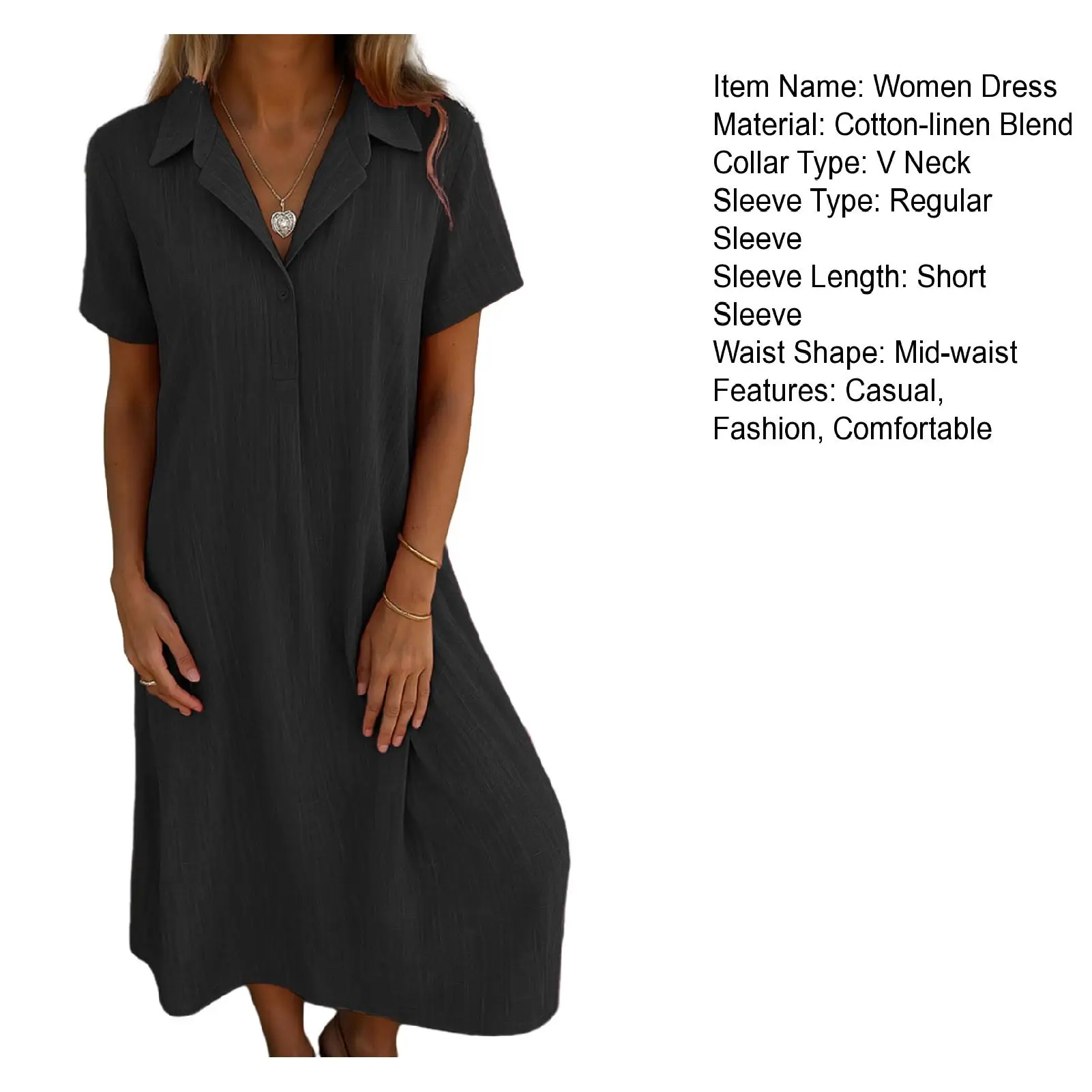 여성용 루즈핏 코튼 린넨 V넥 셔츠, 중간 길이, 원피스 캐주얼, 우아한 롱 드레스, 2024