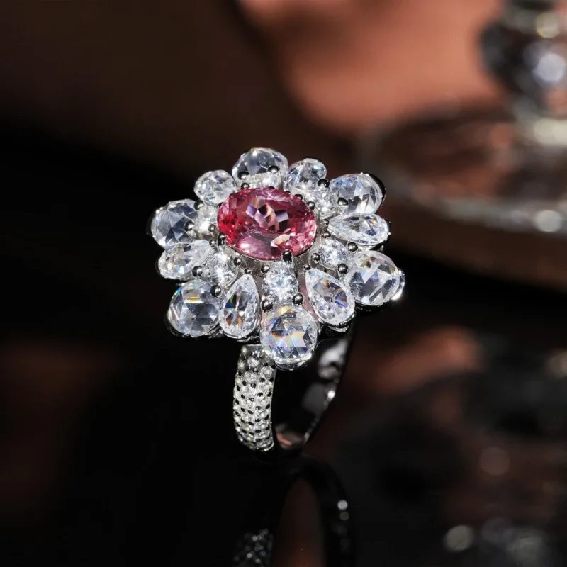 

Bellux Lab grown sapphire padparadscha pink flower ring S925 silver gold-plated 1.6 carat certificate high-quality jewelry rings