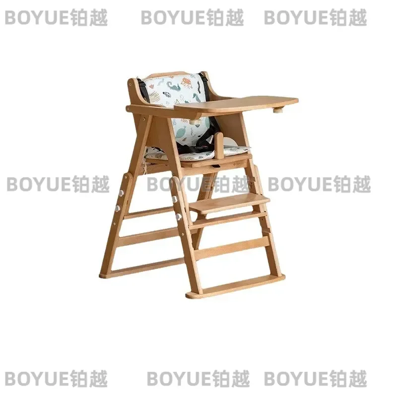 Solid Wood Kids Dining Chair Portable Foldable Baby Highchair Adjustable Feeding Seat with Storage for Toddler Infant