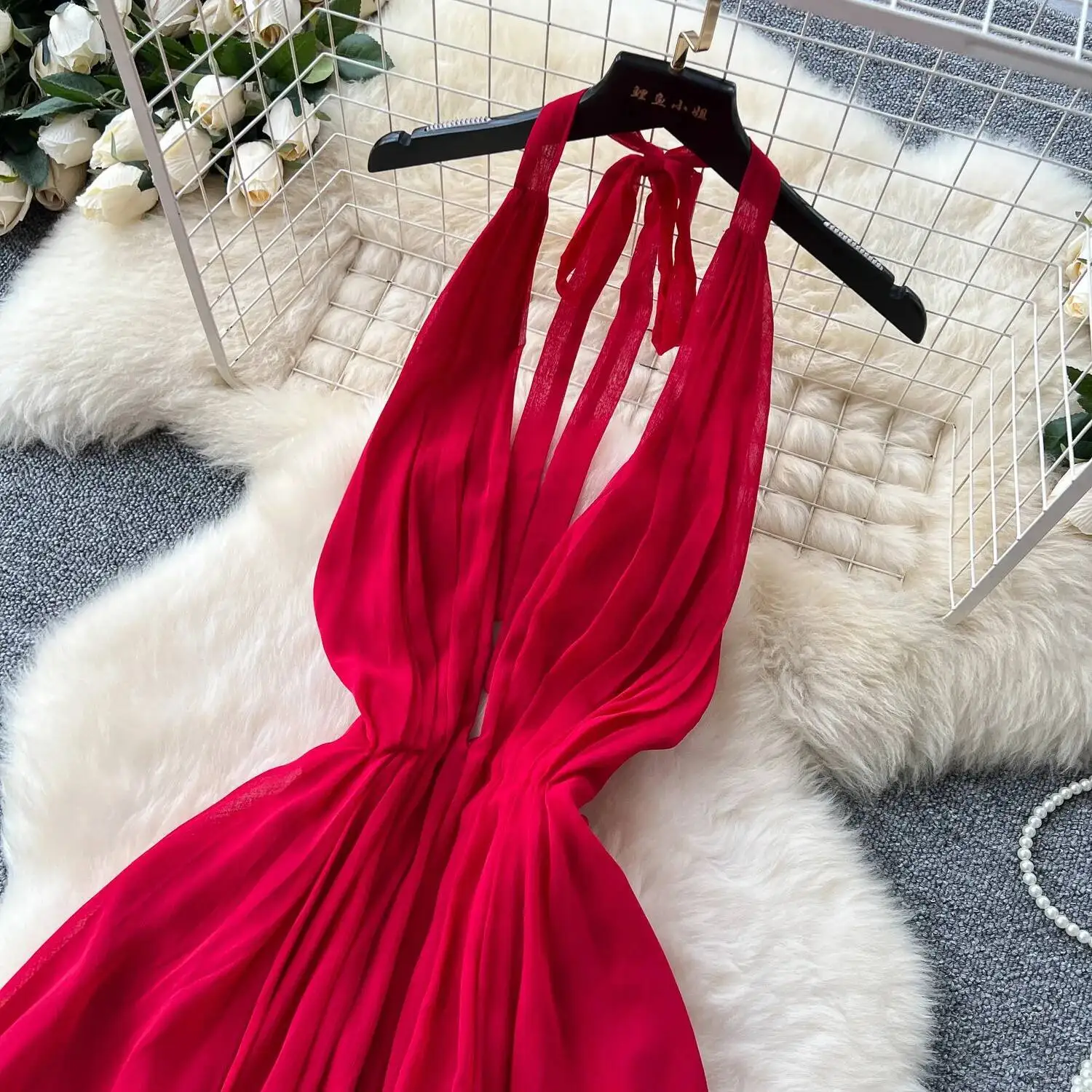 Abito estivo sexy da spiaggia con scollo a V e cinturino all'americana Abito lungo in chiffon senza schienale da donna Abito lungo Boho in chiffon a trapezio sottile da donna