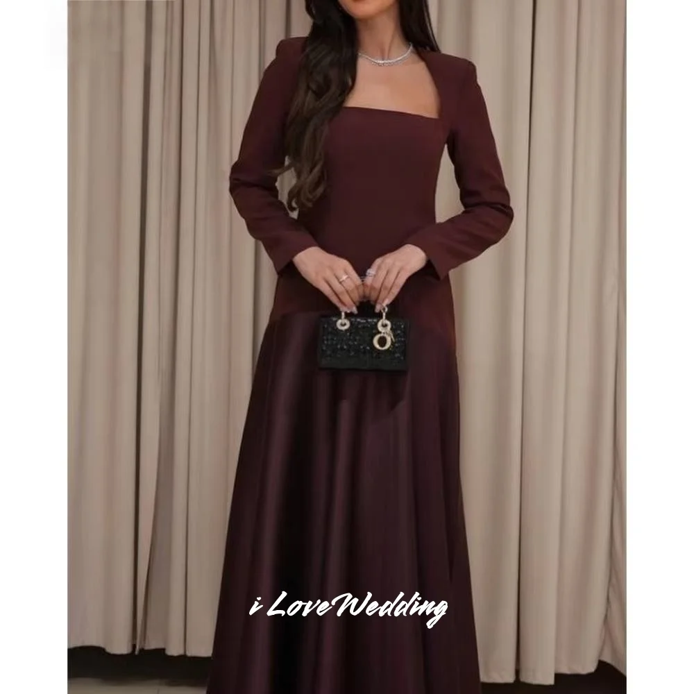 

Burgundy Square Neck Prom Dress 2025 Satin Long Sleeve A-Line Floor-Length Evening Dress Pleated Wedding Party Dress Customized