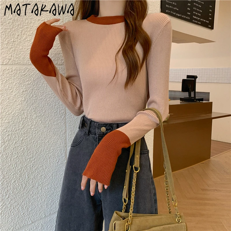 MATAKAWA Sweater Korean Fashion Thin Y2k Pullover Contrast Color Retro Long Sleeve Slim Jersey Top Elegant Sueters De Mujer