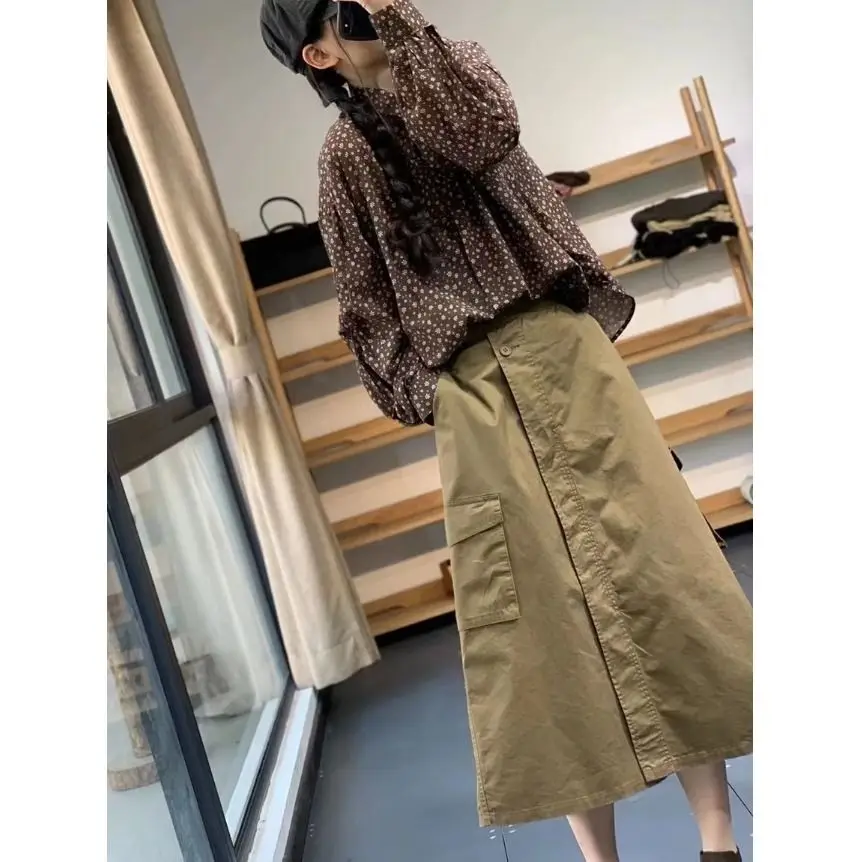 

Retro Workwear and Pocket Skirt for Women in Summer Mid-length Casual Loose Slim A-line Skirt Trendy