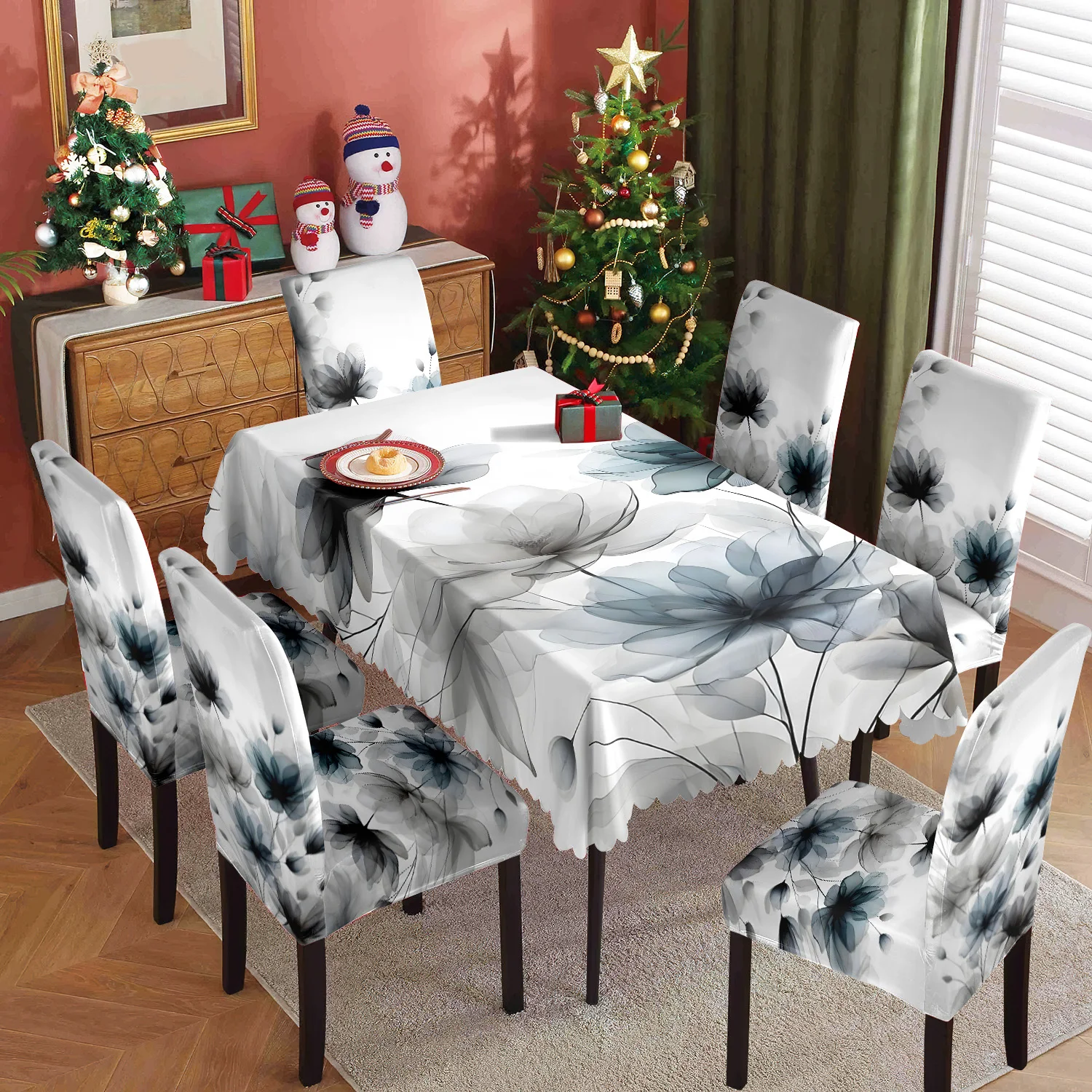 

5/7pcs Home table and chair covers, grayish-white ink-dyed flower prints, highly elastic and washable, for home decoration
