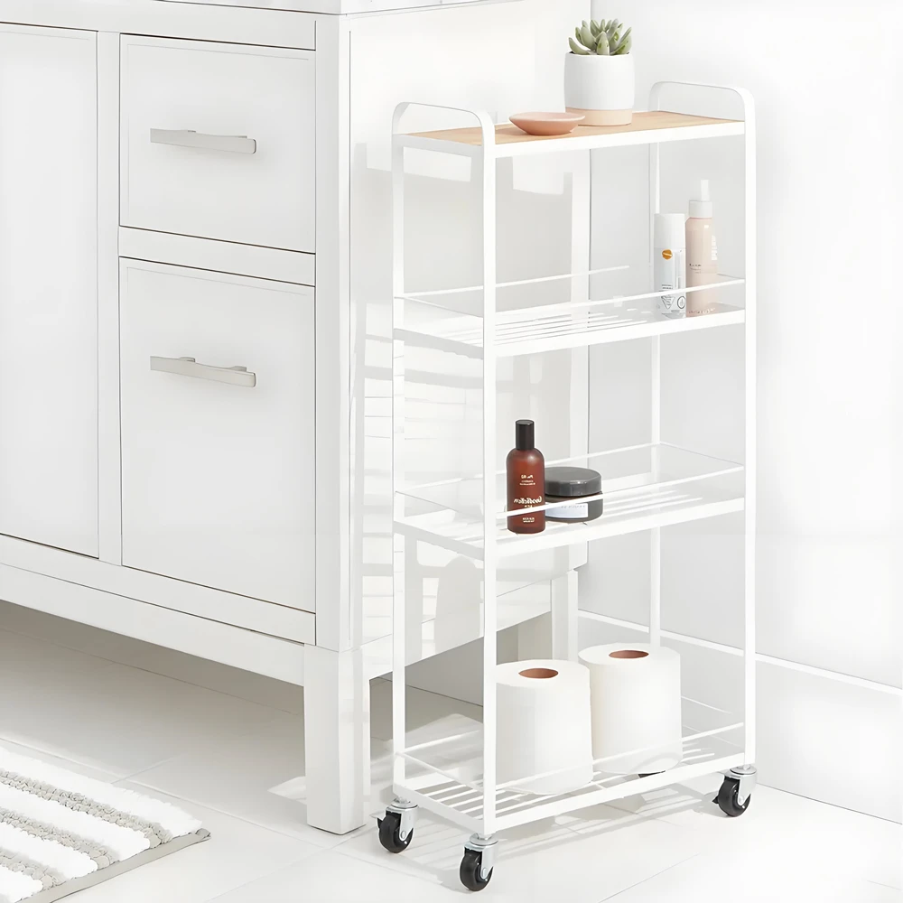 

Compact 4 Tier Rolling Cart with Wheels,Metal Utility Cart with Natural Wood Top,White Storage Cart for Bathroom,Nursery,Kitchen