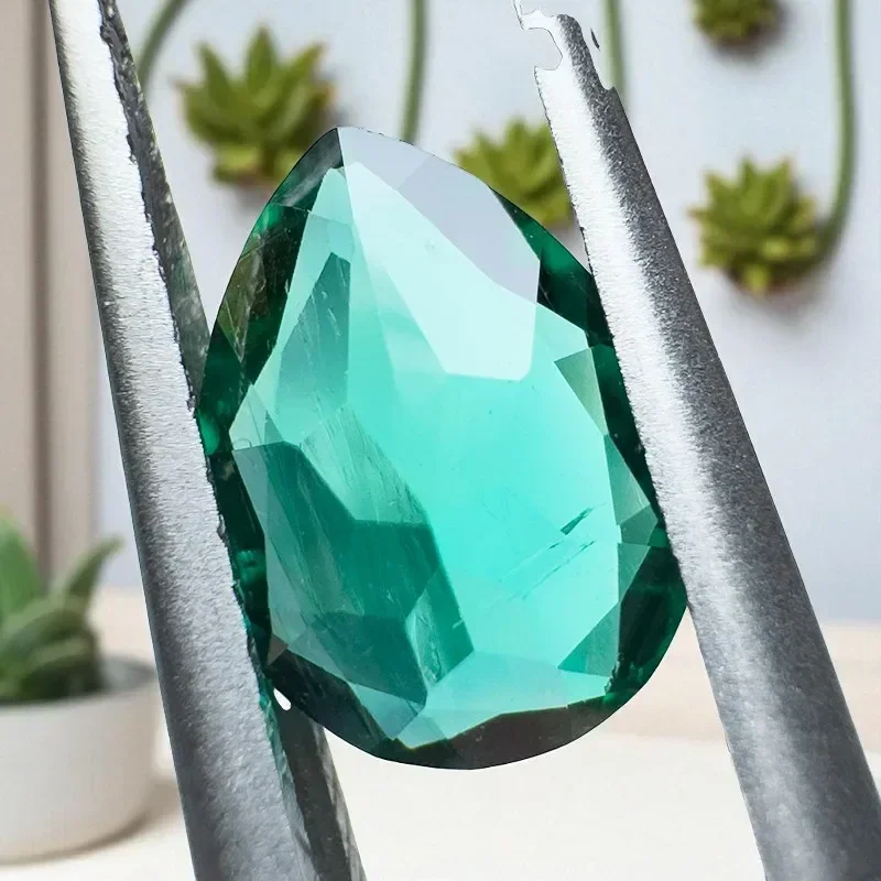 Lab Grown Zambian Emerald- Hydrothermal, Hand-Cut, Pear Shape, with Cracks Inclusions, Selectable  Certificate For Jewelry
