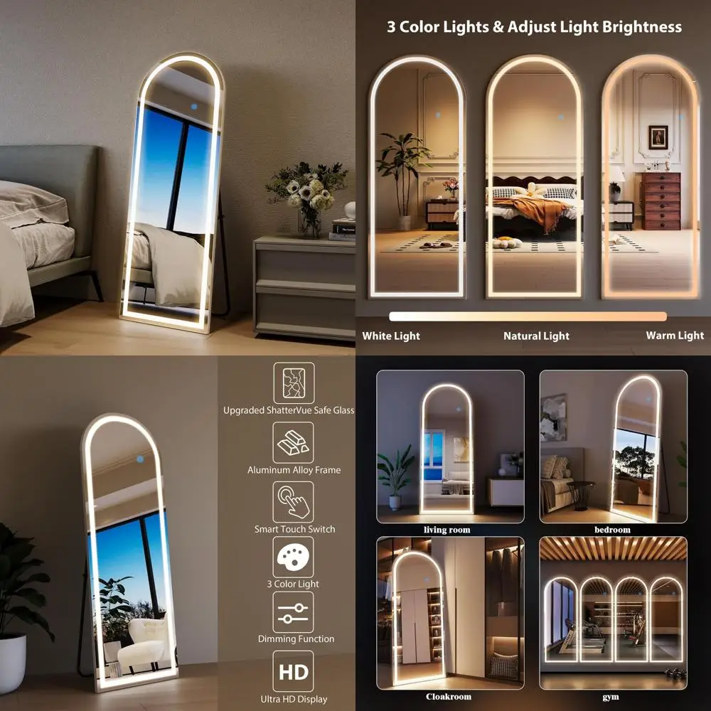 Espelho de chão de comprimento total 56x20 com luzes reguláveis, 3 modos de cor, espelho de corpo inteiro inclinado arqueado