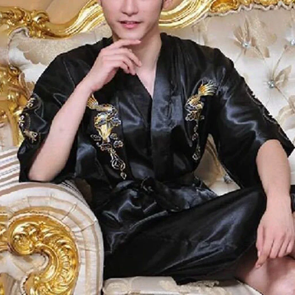 Quality Fashion Men Bathrobe Sleepwear Blue Breathable Soft Chinese Dragon White Comfortable Dragon Embroidery