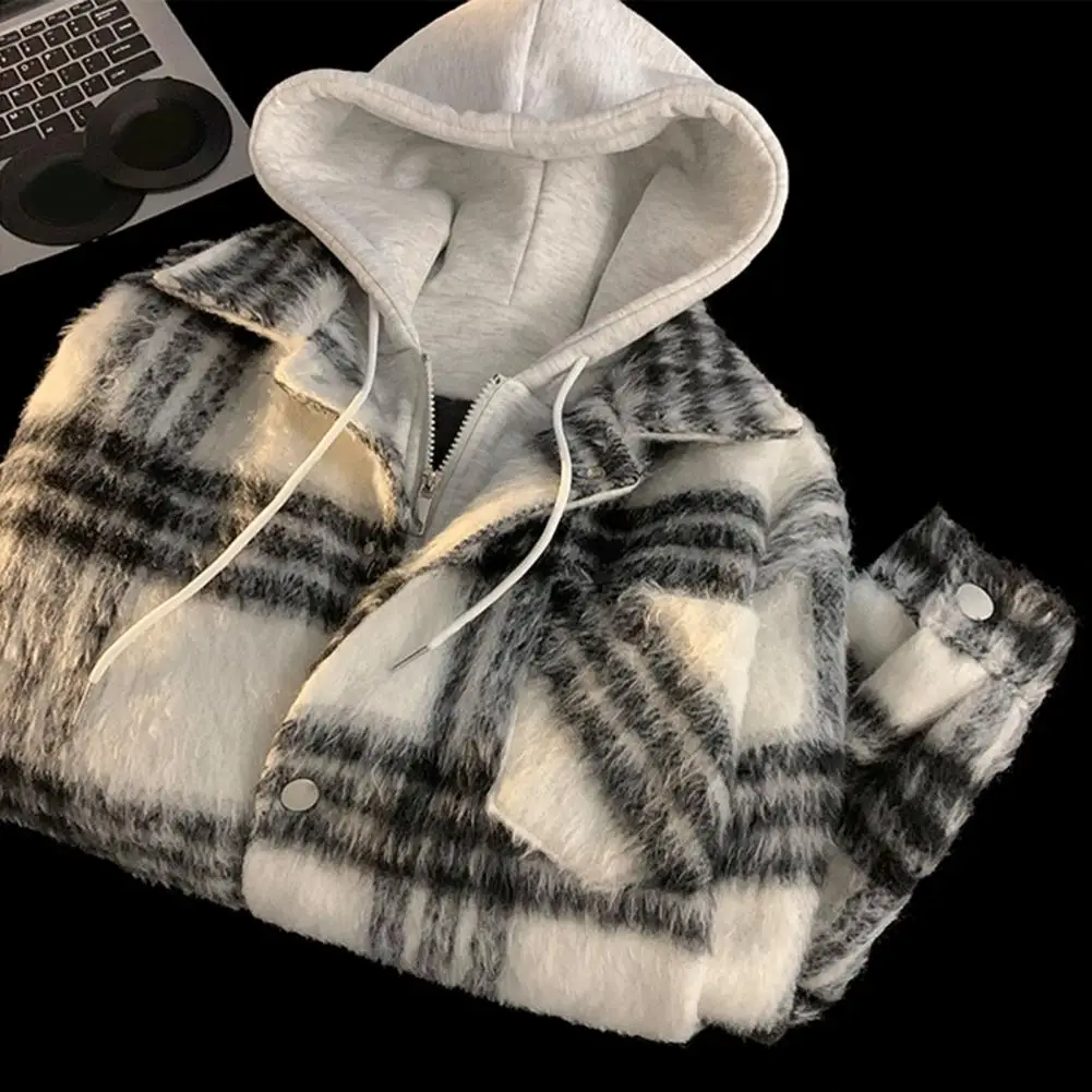 Men Jacket Hooded Fake Two-Piece Plaid Pattern Zipper Button Closure Coat Street Style Loose Fit Outerwear