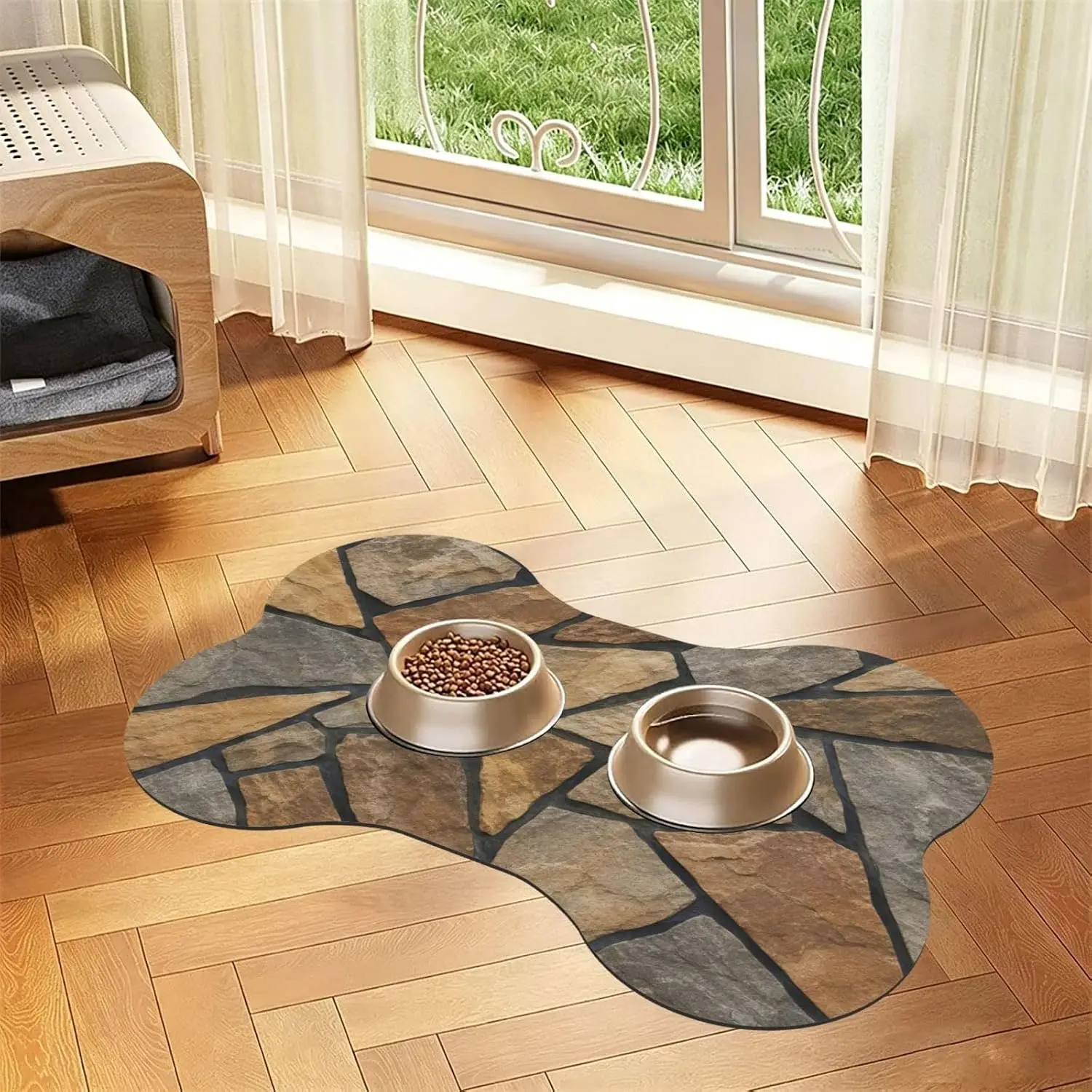 Stone Wall Texture Bone Shaped Pet Feeding Mat 16