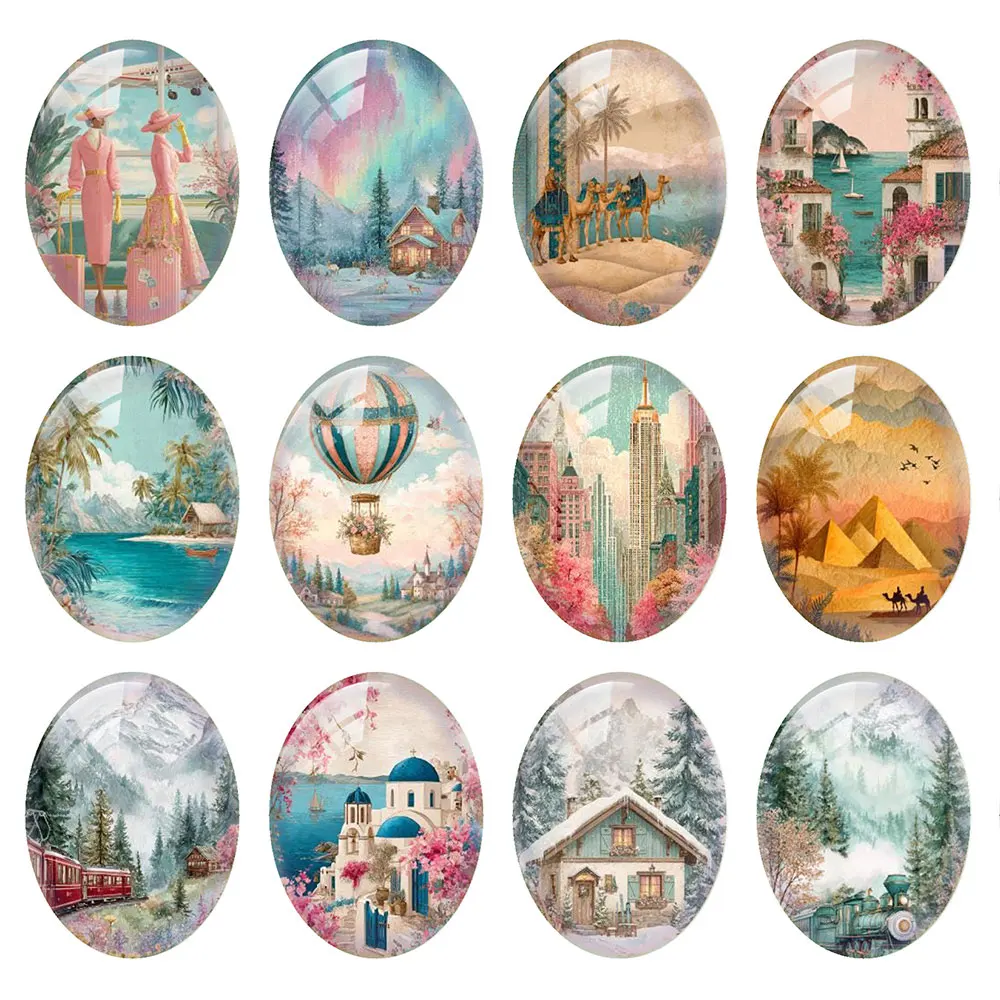Random Mixed Round/Oval/Square World Travel Landmark Photo Glass Cabochon Flatback Demo Cameo For Diy Jewelry Making