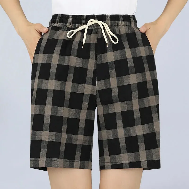 

Women High Waist Plaid Cotton Linen Shorts Drawstring Elastic Waist Knee Length Casual Summer Mom Pants