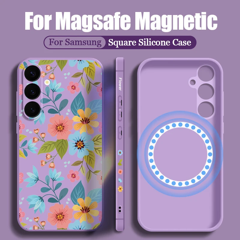 Magnetic For Magsafe Flower Plants Case For Samsung Galaxy S24 S23 S22 Ultra S21 S20 FE Built-in Metal Plate Soft Silicone Cover