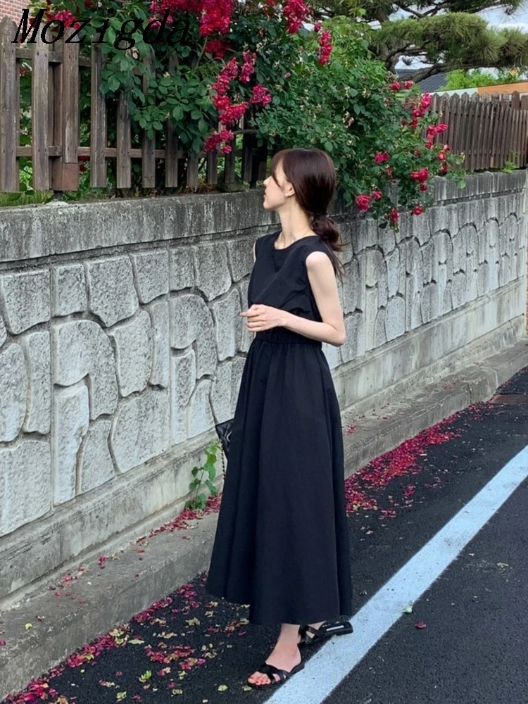 

Summer Sleeveless Dress Women Backless Slim Waist Modis Ruffle A-Line Ladies Dresses Pleated Loose Korean Style Woman Long Dress