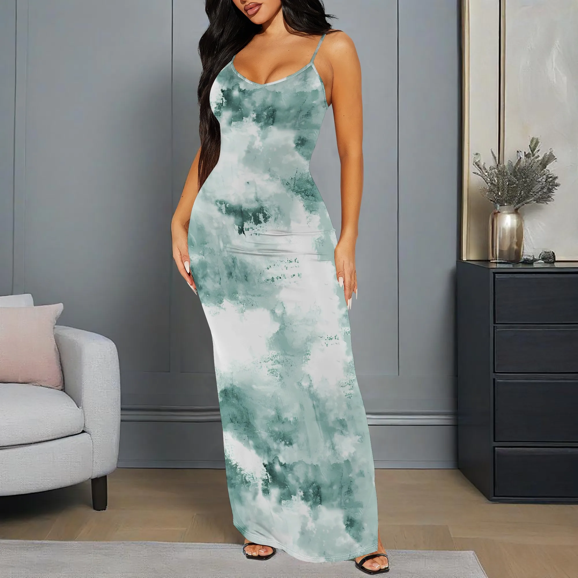 

EQQZD Elegant Crewneck Strap Maxi Dress, Colorful Tie-Dye Print Bodycon Dress - Standard Size