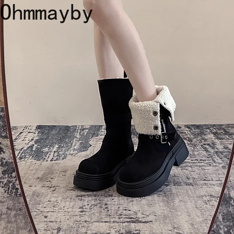 2025 outono inverno feminino quente de pelúcia botas modernas moda fivela de cinto sapatos de salto grosso causal mulher algodão meados de bezerro botas