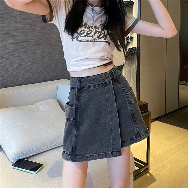 Sexy Slim Lined Mini Denim Skirt Women Design Streetwear Summer Vaqueros Pantskirt A-Line Skirts Blue Black Jean Short Faldas