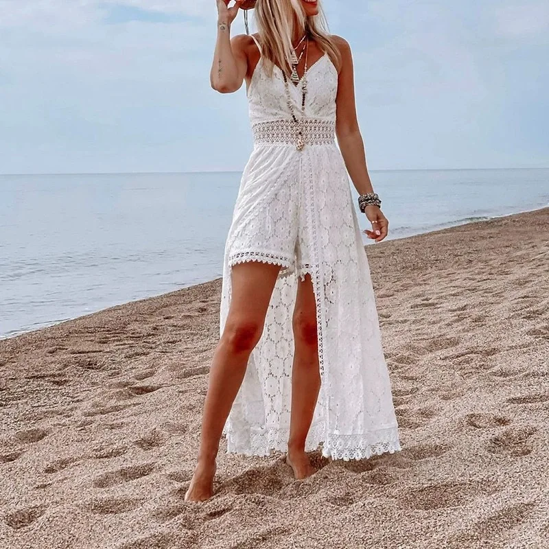 

Womens White Lace Playsuit Dress V Neck Sleeveless Hollow Out Irregular Hem Bohemian Summer Beach Vacation Casual Wear
