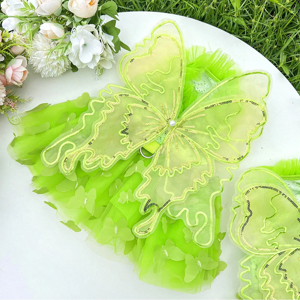 Pet Sequin Mesh Butterfly Lace Thin Princess Dress Puppy Bridal Gown Tulle Skirt Pet Apparel Dog Cat Green Butterfly Dresses