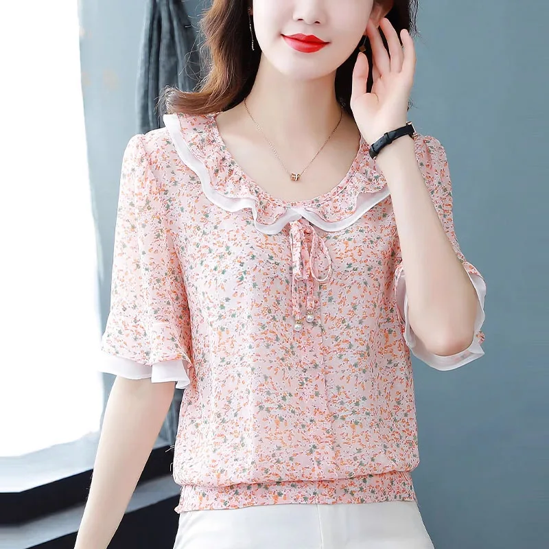 Summer New Short Sleeve O-Neck Women Blouse Casual Print Chiffon Blouse Shirt Women Tops Blusas Mujer De Moda 2024 Verano A238