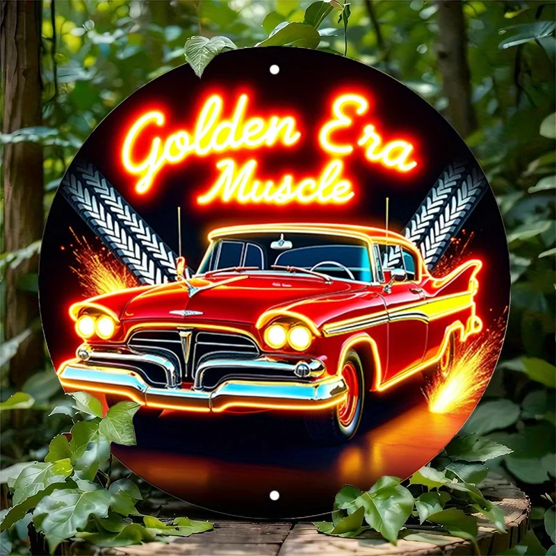 Letrero circular de madera de neón para coche musculoso rojo clásico, arte de pared Retro y diseño de edad dorada, bar, cafetería, decoración de habitación, 1 ud.