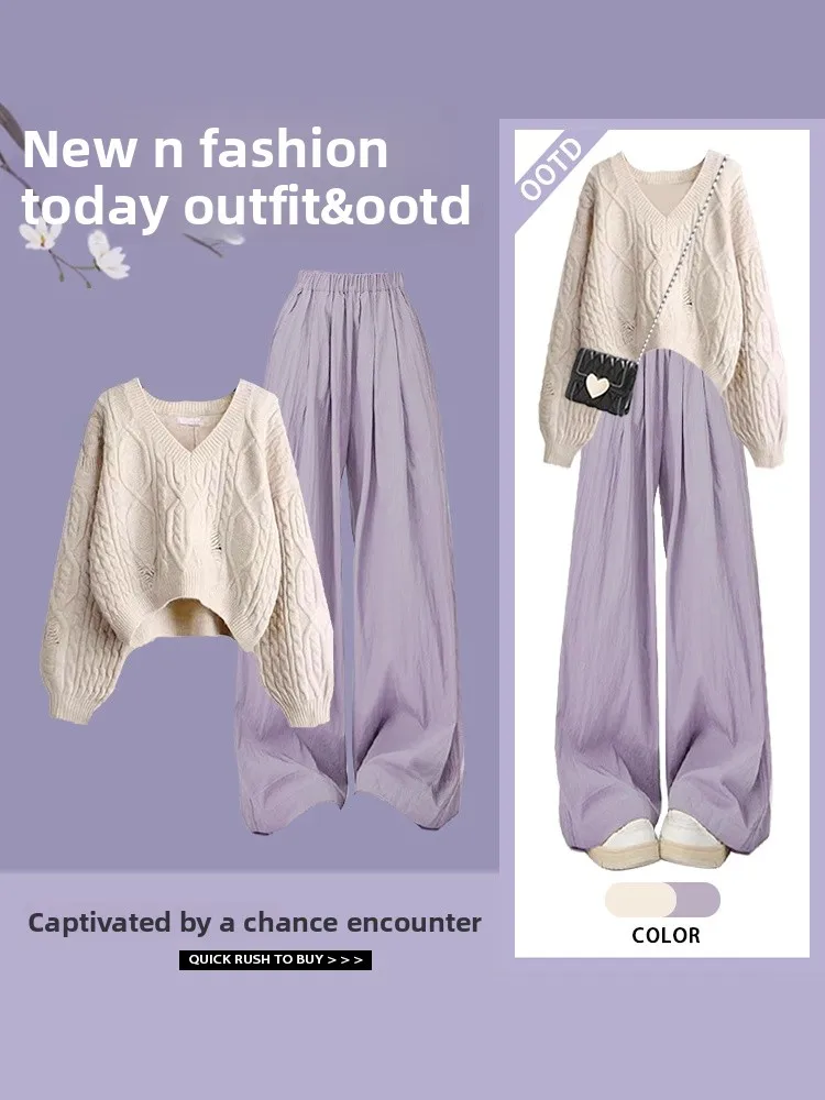 Plus Size V-Ne Design Breaktough Hole Sweater Dames Lente 2025, Nieuwe Faion Casual Broek Tweedelige set Veelzijdig Recht