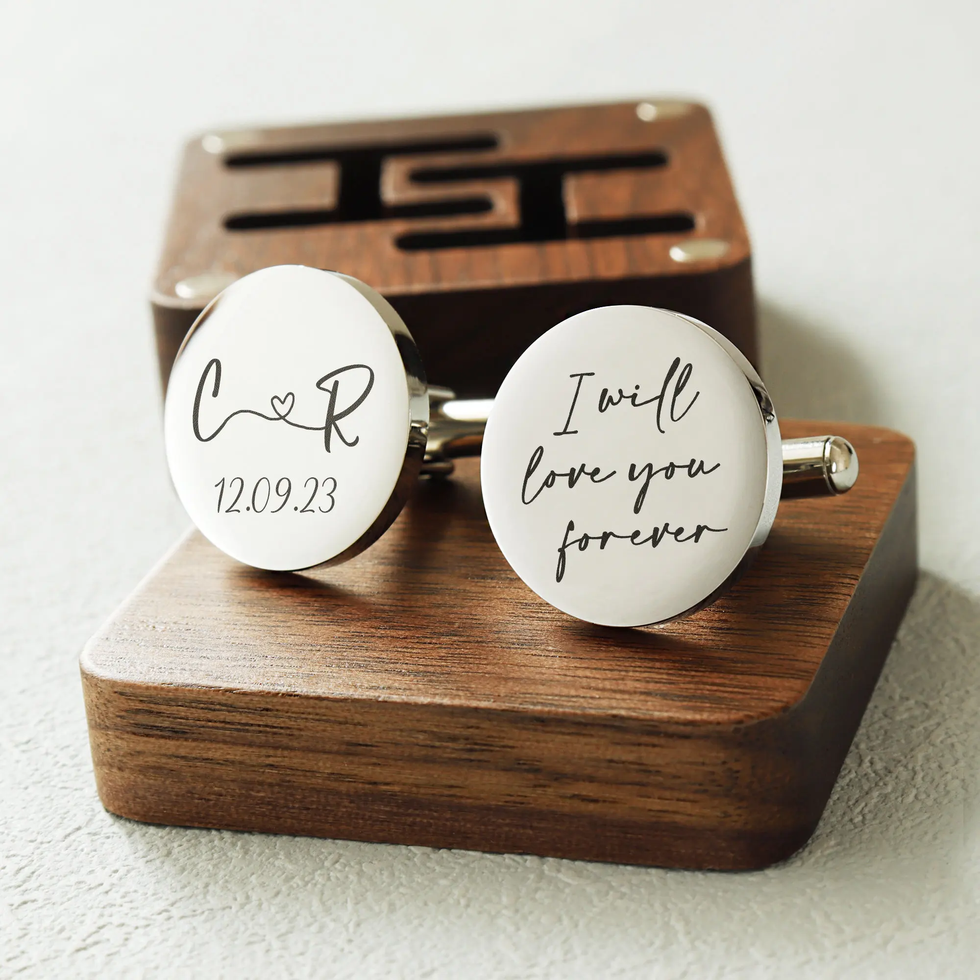 

Customizable Stainless Steel Cufflinks in Wooden Box for Wedding Day Groom Dad Father of the Bride Unique Personalized Gift
