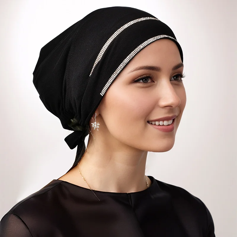 New Modal Rhinestone Band Muslim Turban Hat Inner Hijab Caps Islamic Underscarf Bonnet India Hats Female Headwrap Turbante Mujer