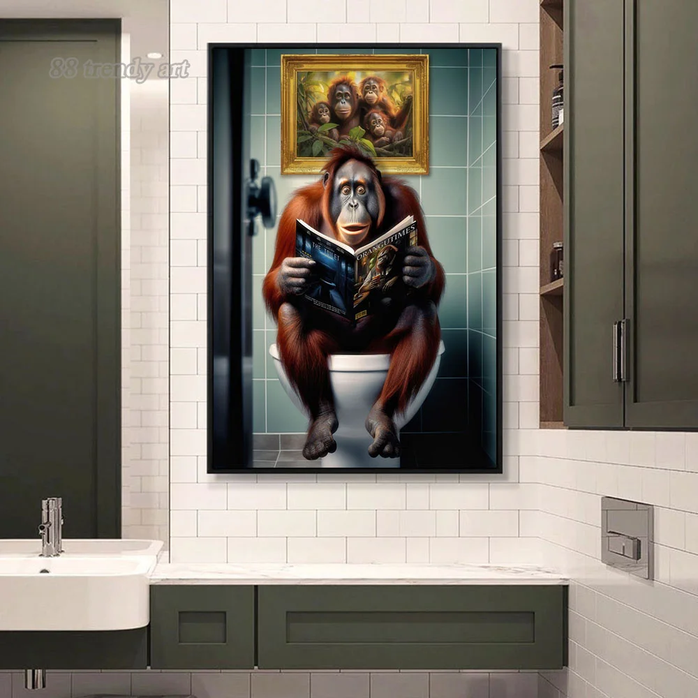 Funny Animals on The Toilet Reading A Book Poster and Prints Canvas Painting Vintage Home Bathroom Toilet Wall Art Decor Mural