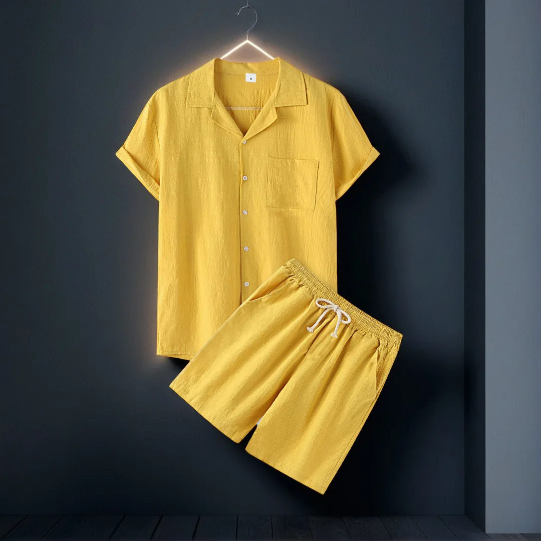 

Новая мода 2025 года, американские мужские однотонные повседневные модные свободные комплекты из 2 предметов, рубашки с кубинским воротником и короткими рукавами, шорты до колена