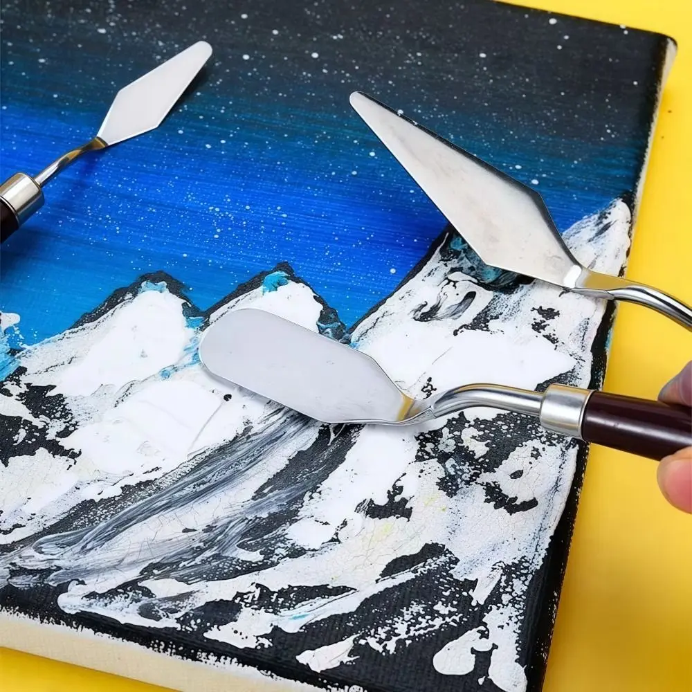 7PCS Wooden Art Oil Painting Scraper Set Lightweight Rust Prevention Watercolor Paint Mixing Shovel Stainless Steel Durable