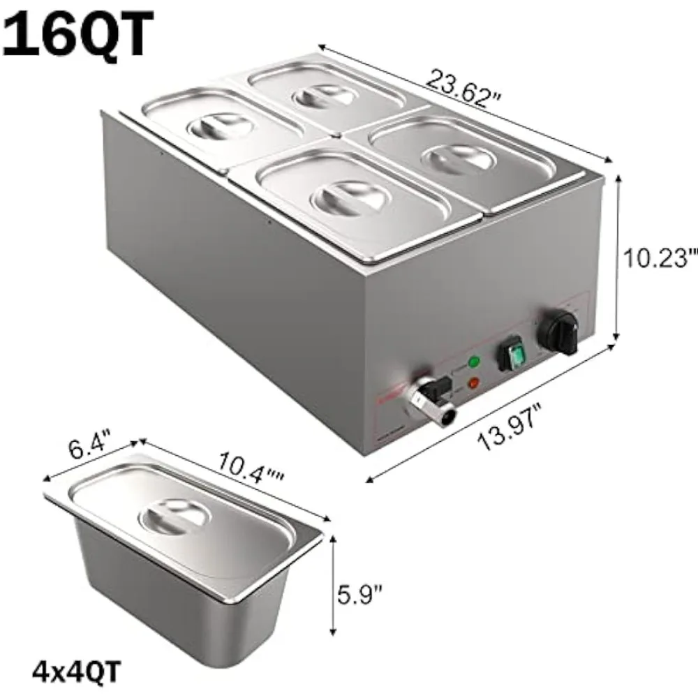 Bain Marie-calentador de Comida comercial de acero inoxidable, servidor de Buffet con tapa y grifo para el hogar, restaurantes, 4 secciones, 16 Qt