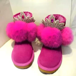 New Big Rabbit Fur Ball with Rhinestone Crown Flats Snow Boots Round Toe Purple Fuchsia Cow Suede Pompon Winter Warm Boots