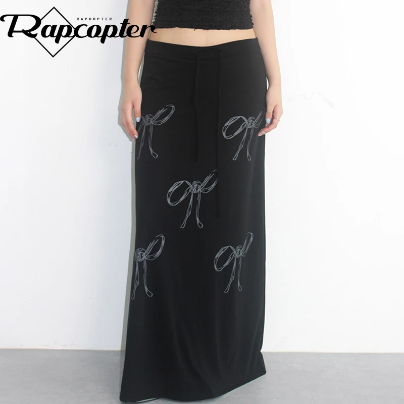 

Rapcopter y2k Bow Print Midi Skirts Vintage Knitted Low Waisted Fairycore Long Skirts Women Korean Chic Outfits 2000s Chic New