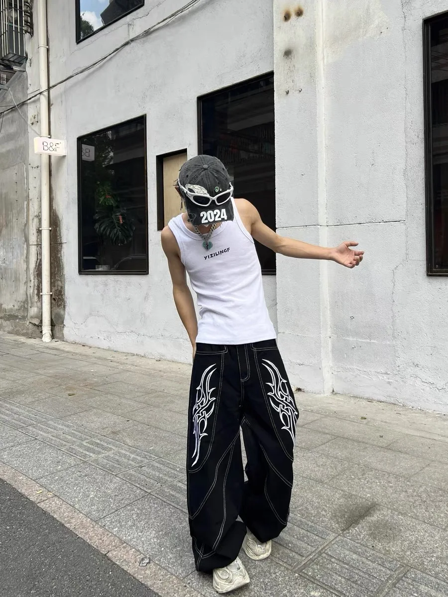 American Sle rétro déconstruit haute rue ligne brodée jean ample jambe droite jambe large pantalon Long pour le printemps