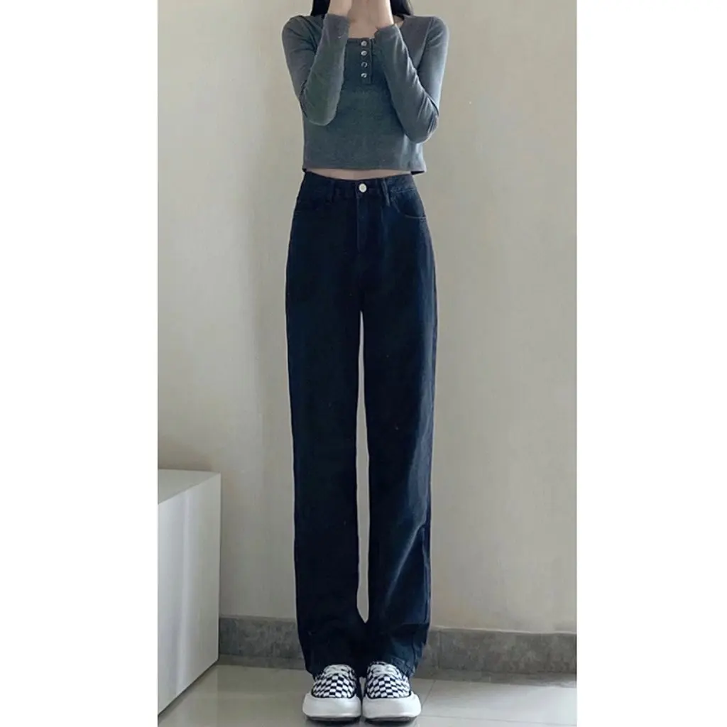

Black High Waist Straight Jeans for Women Slim-fit Wide Leg Pants Spring Autumn New Style