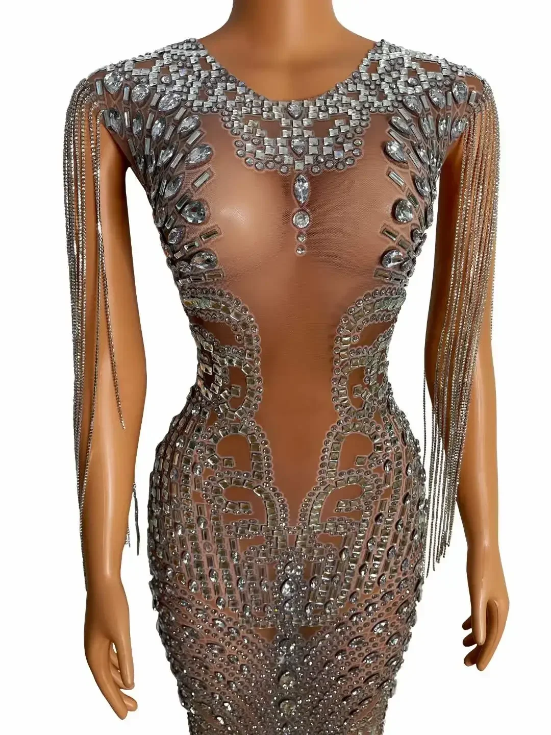 Vrouwen Strass Verjaardag Fringe Prachtige Jurk Mouwloze Elegante Sexy Danser Stadium Slijtage Gogo See Through Drag Queen Outfit