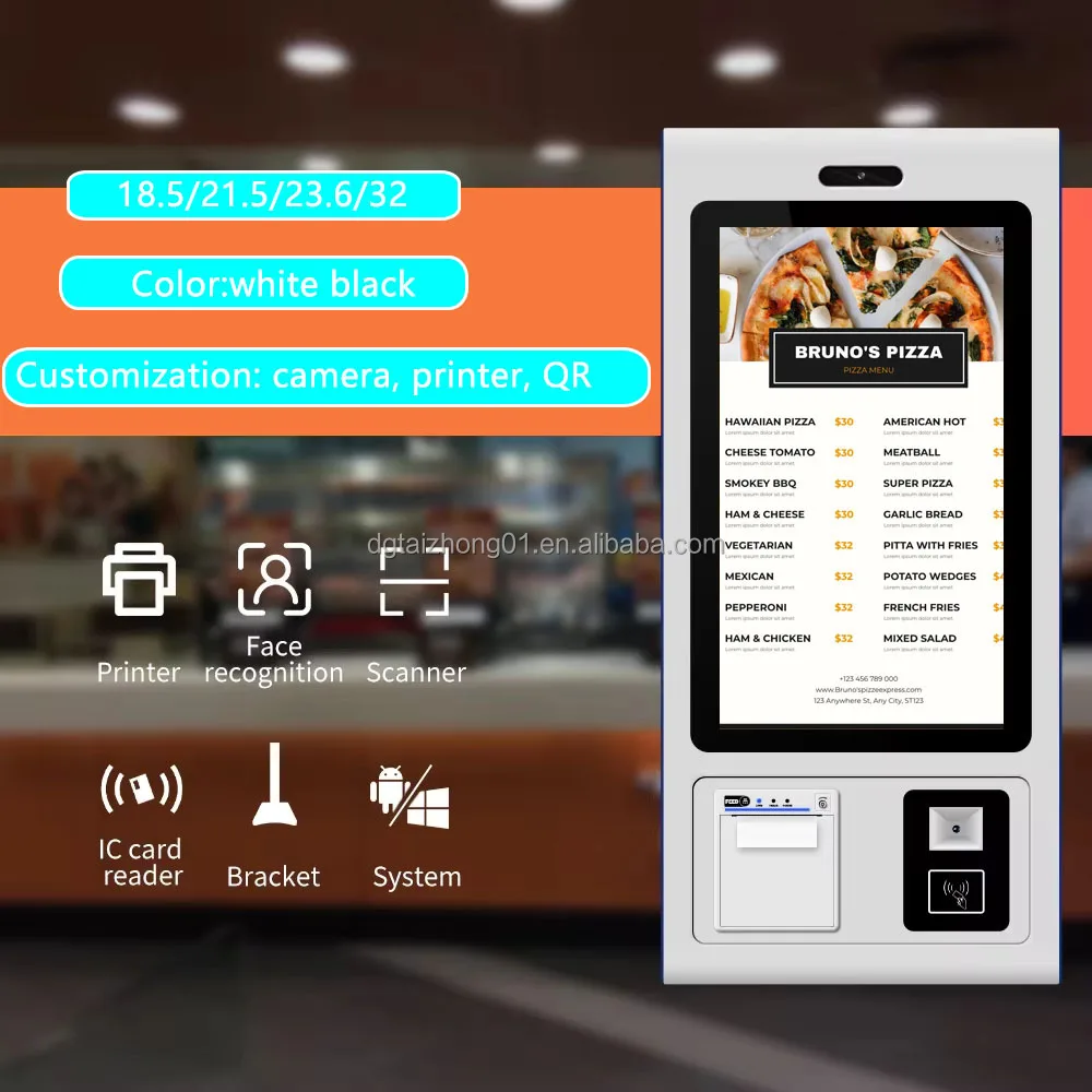 Unattended Restaurant Self-Service Payment Kiosk with Automatic Touch Screen QR Code Scanner  Functionality for Custom Apps