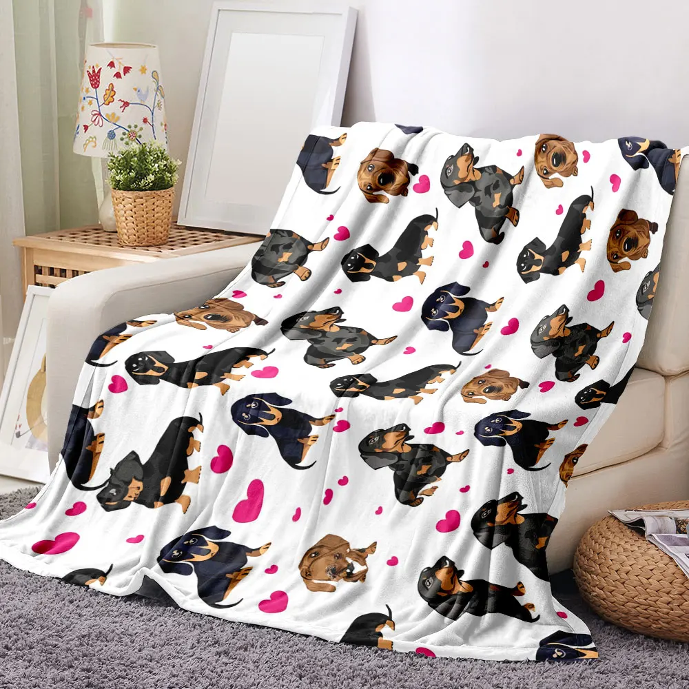 Dachshund & Pink Heart Printed Blanket - Whimsical Cartoon - Style Throw with Black/Tan, All - Black, and Brown/Tan Doxies, P