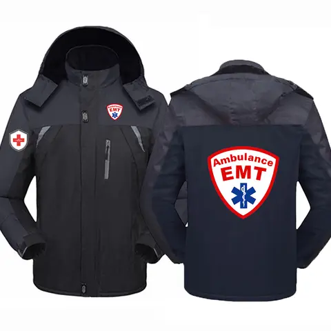 EMT Emergency Ambulance Logo Print 2026 Autumn Winter Men's Hooded Faux Fur Jacket Windproof Warm Fleece-Lined Thickened Coat