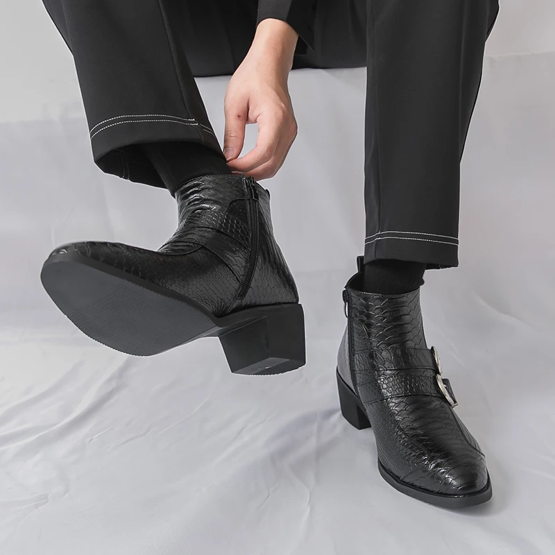 

Men High Top Boots with PU Belt Buckle Pointed Low Heel Fashionable Trendy Men Boots