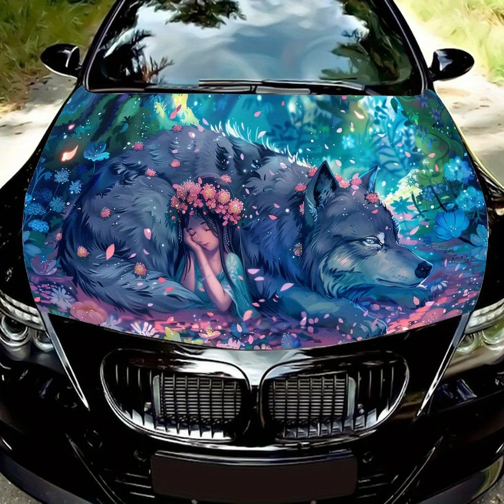 

Girl and Wolf and Pink Falling Petals Car Hood Vinyl Wraps Sticker, Car Engine Decal, Waterproof Self-adhesive Car Packaging Cov