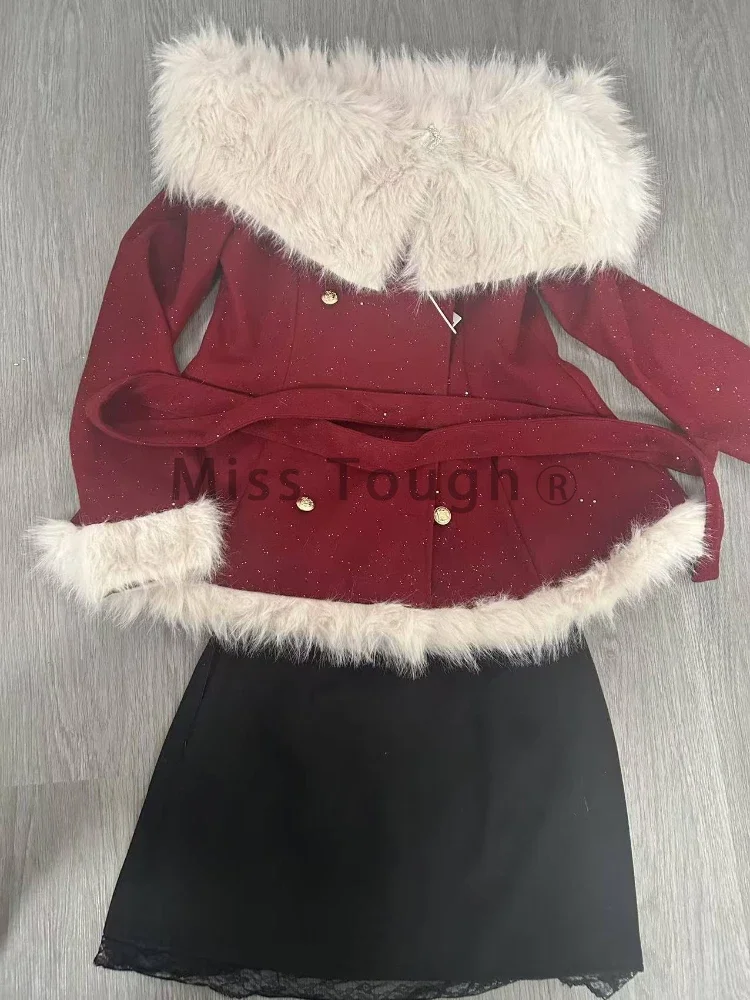 Christmas Sexy Vintage 2 Piece Sets Woman Winter Off Shoulder Y2k Sweet Design Mini Skirt Suit Female Bandage Retro Chic Outfits