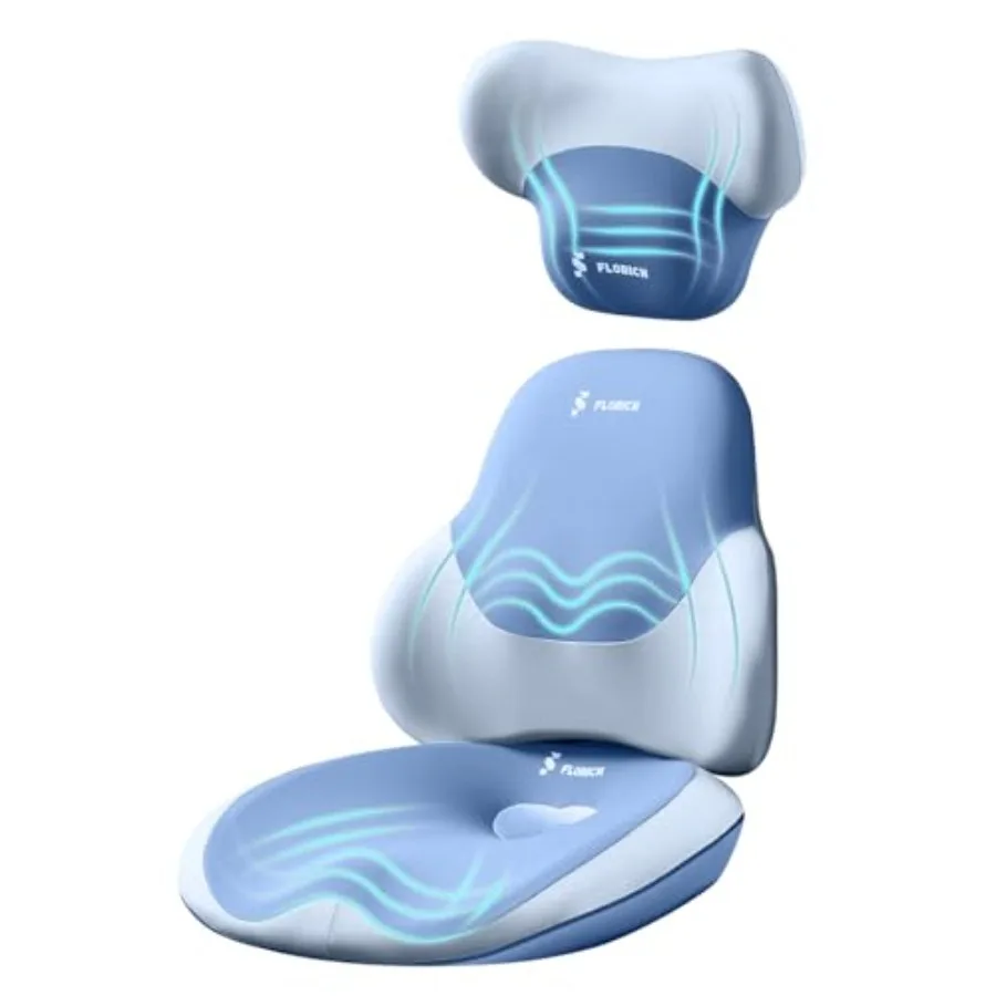 

Office Chair Car Seat Cushion and Lumbar Support Pillow 100 Memory Foam Blue Pressure Relief Back and Neck Headrest Pad for Com