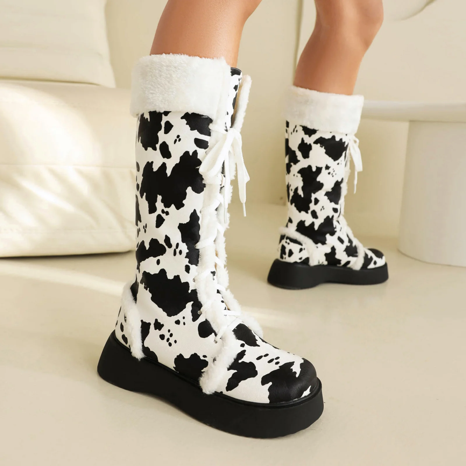 Faux Fur Patchwork PU Zebra Patterned Winter Knee High Boots With Flat Heels Thick Soles For Warm Lining With Cow Pattern Boots