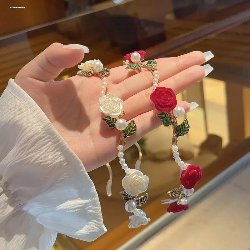 Diadema de perlas rosas Retro de gama alta tocado con horquillas señoras elegante diadema de vid rosa accesorios para el cabello para niñas