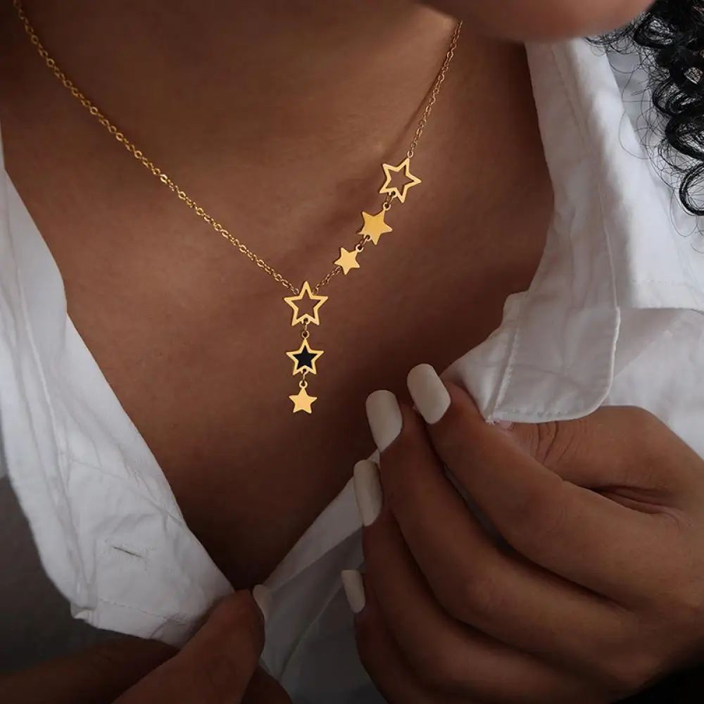 Simple New Star Drop Oil Pendant Stainless Steel Necklace Women\'s Fashion Casual Choker Gold Color Jewelery for Women